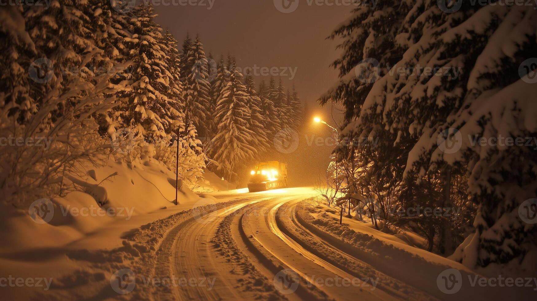 Snowplow service clearing a road during a nighttime snowfall photo