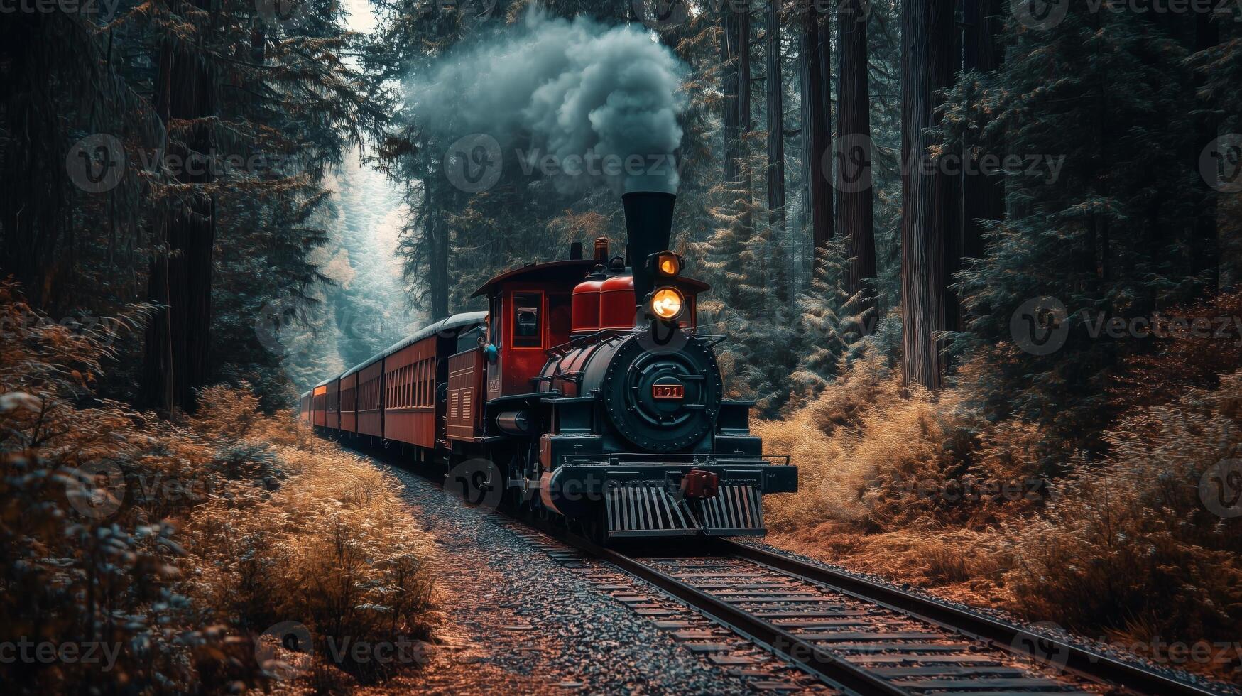 A red and black train traverses train tracks amidst a forest photo