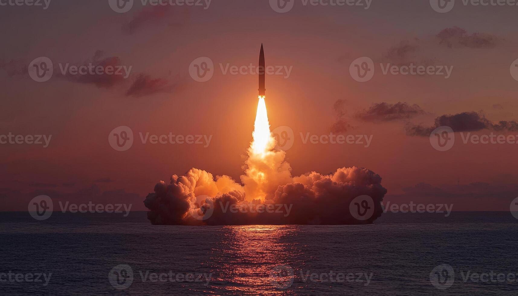 An Inspiring and Captivating Rocket Launch at Sunset Against the Beautiful Ocean Horizon photo