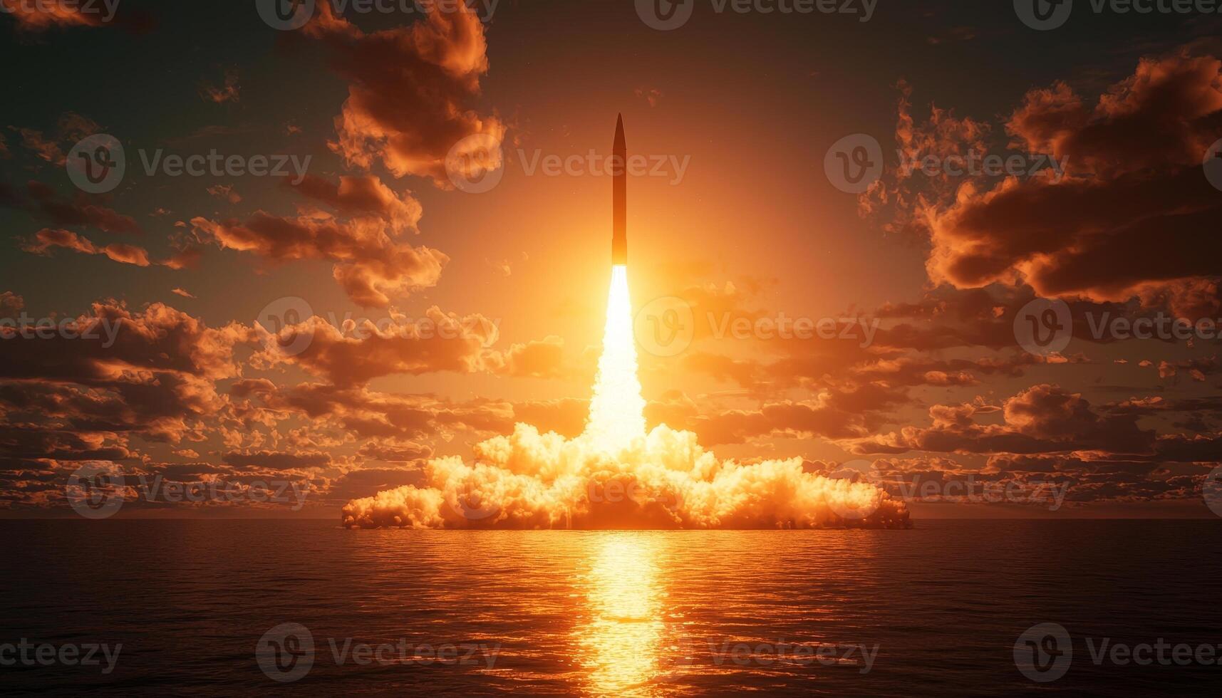 The Launch of a Stunning Rocket at Sunset, Gliding Gracefully Over the Deep Blue Water photo