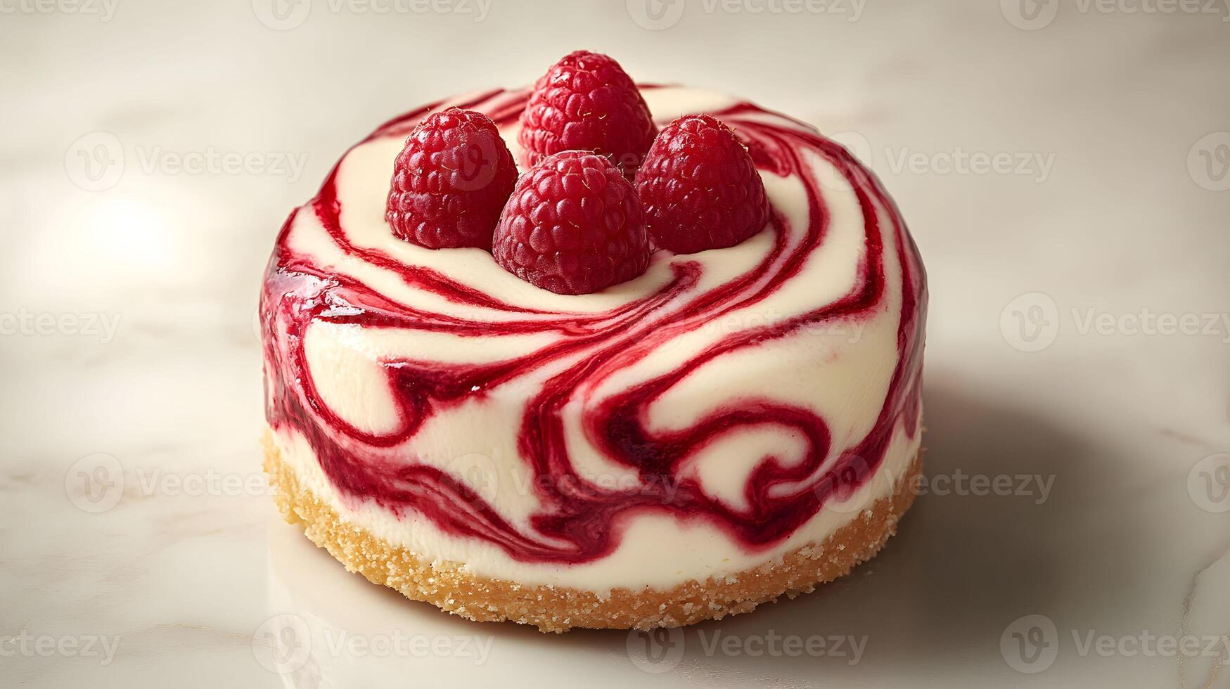 A raspberry cheesecake with white and red swirls photo