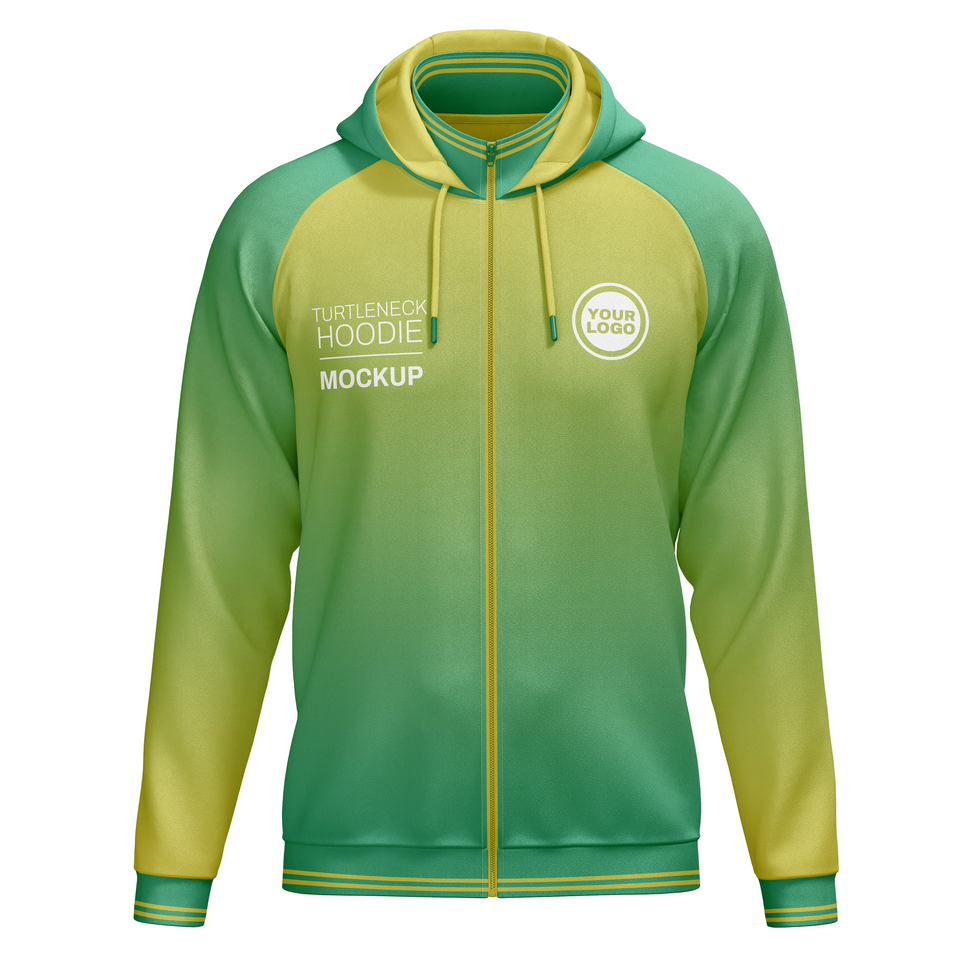 turtleneck track top hoodie zipper raglan sleeve jacket mockup front view psd