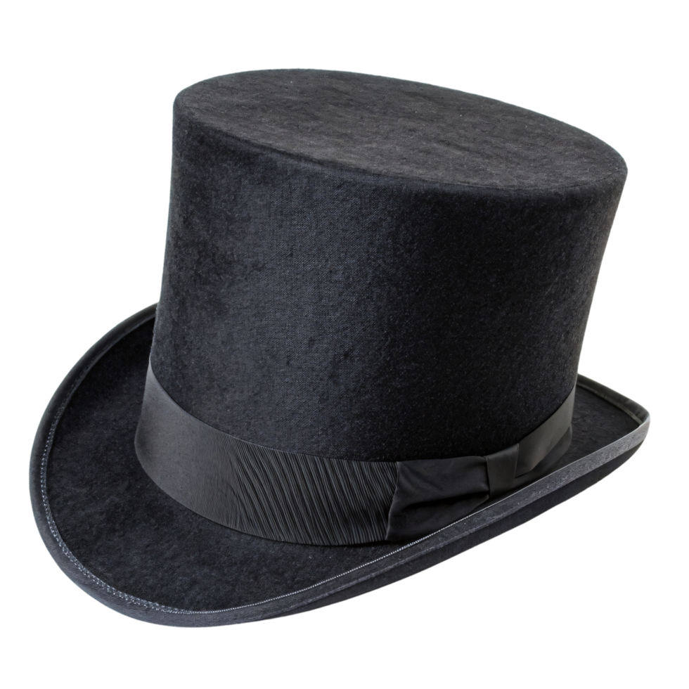 A black top hat, slightly tilted, with a smooth finish and subtle texture, emphasizing its timeless, formal style and sophistication png