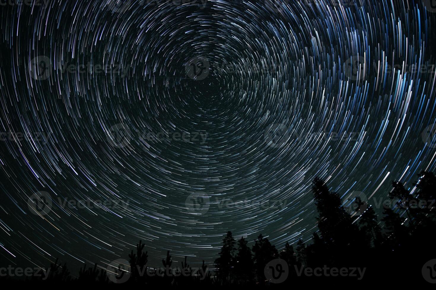 Stars create beautiful trails in the night sky above a dark forest, showcasing the rotation of the Earth while illuminating the serene landscape. photo