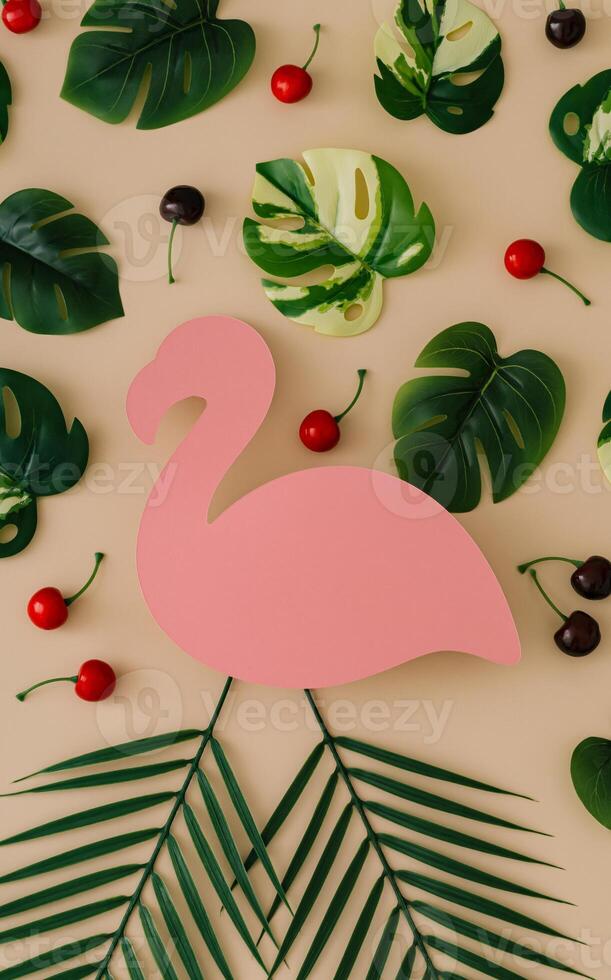 Summer pattern made of green tropical leaves and red cherry fruit with pink flamingo paper card note on sand color background. Minimal summer concept. Exotic flat lay. Creative copy space. photo