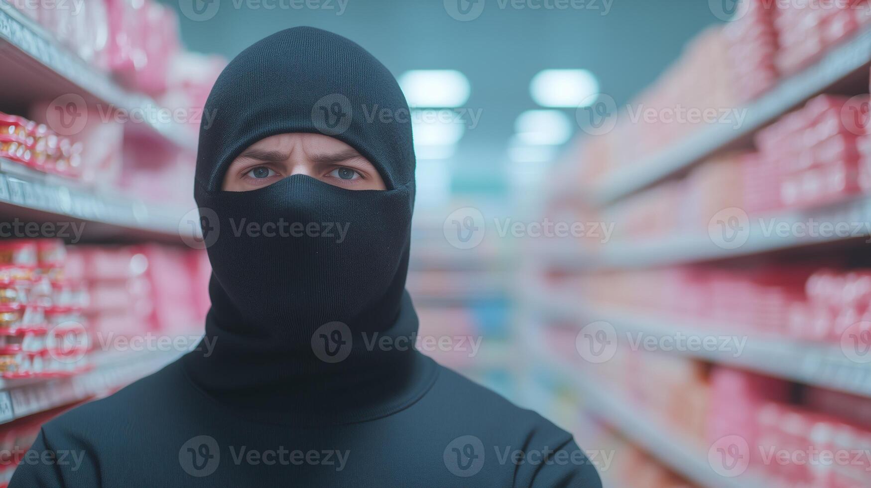 Person wearing a black balaclava standing in a store aisle, Suspenseful and dramatic scene with blurred shelves in the background, Crime and mystery concept for design and print photo