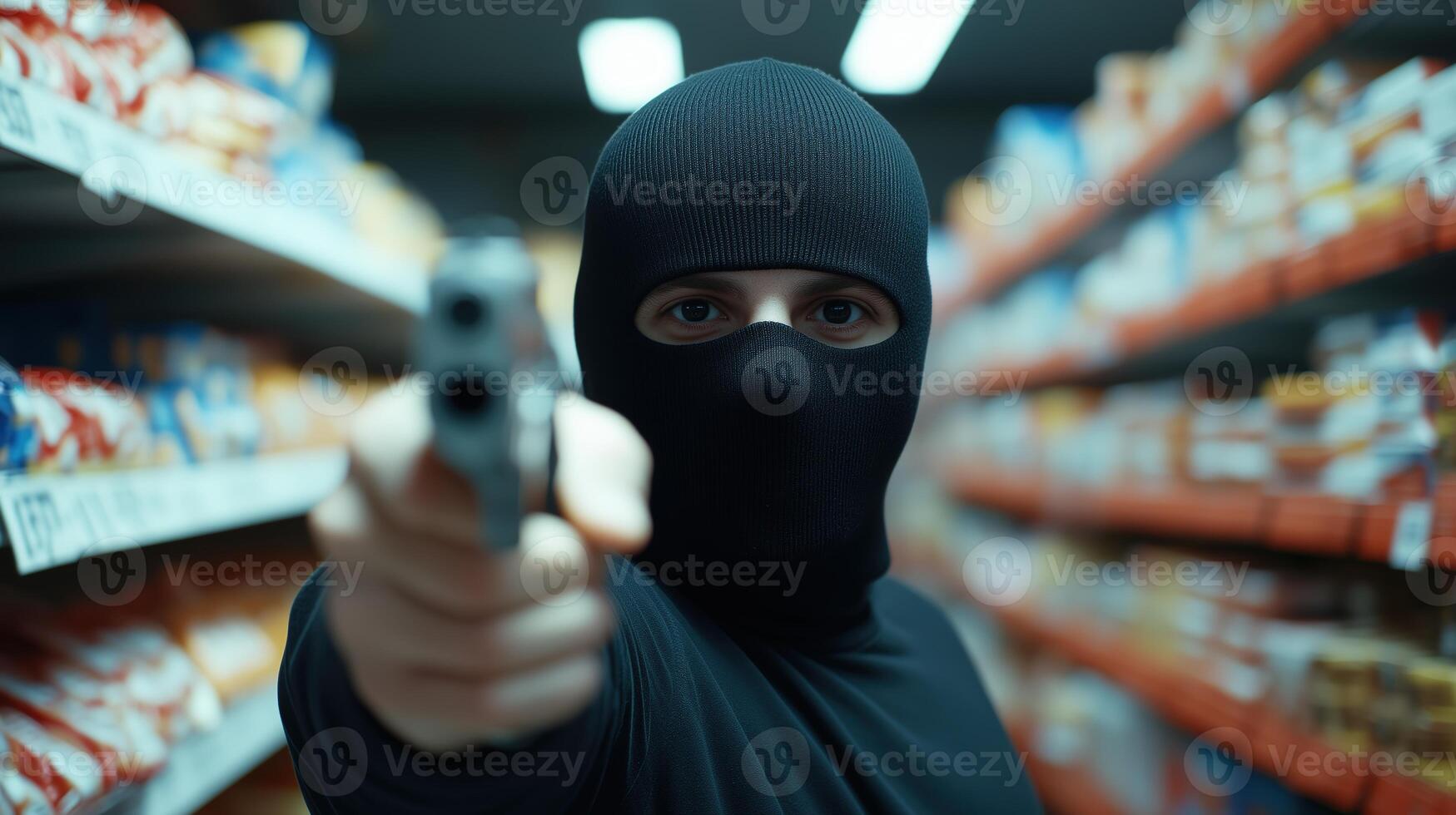 Person in a black balaclava pointing a gun inside a store aisle, Tense and dramatic scene with blurred shelves in the background, Crime and danger concept photo