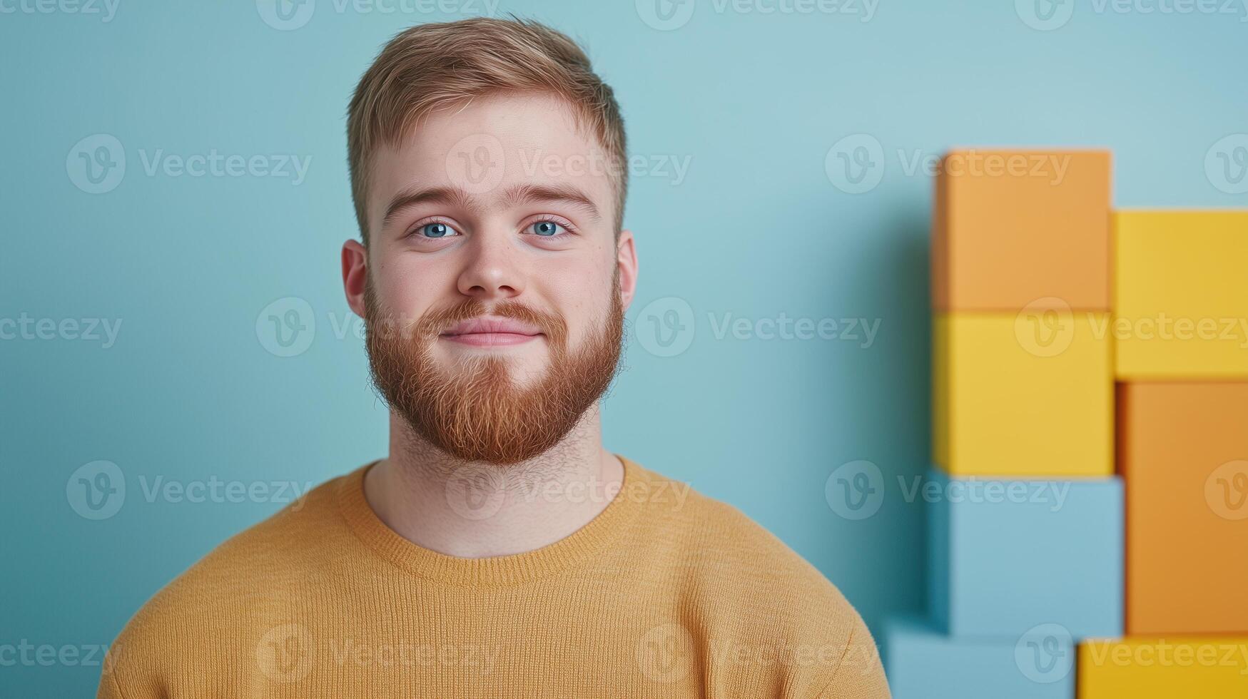 Entrepreneur With Down Syndrome Smiling Against Colorful Background, Wearing Casual Attire, Displaying Confidence and Positivity, Ideal for Inclusive Advertising and Modern Business Concepts photo