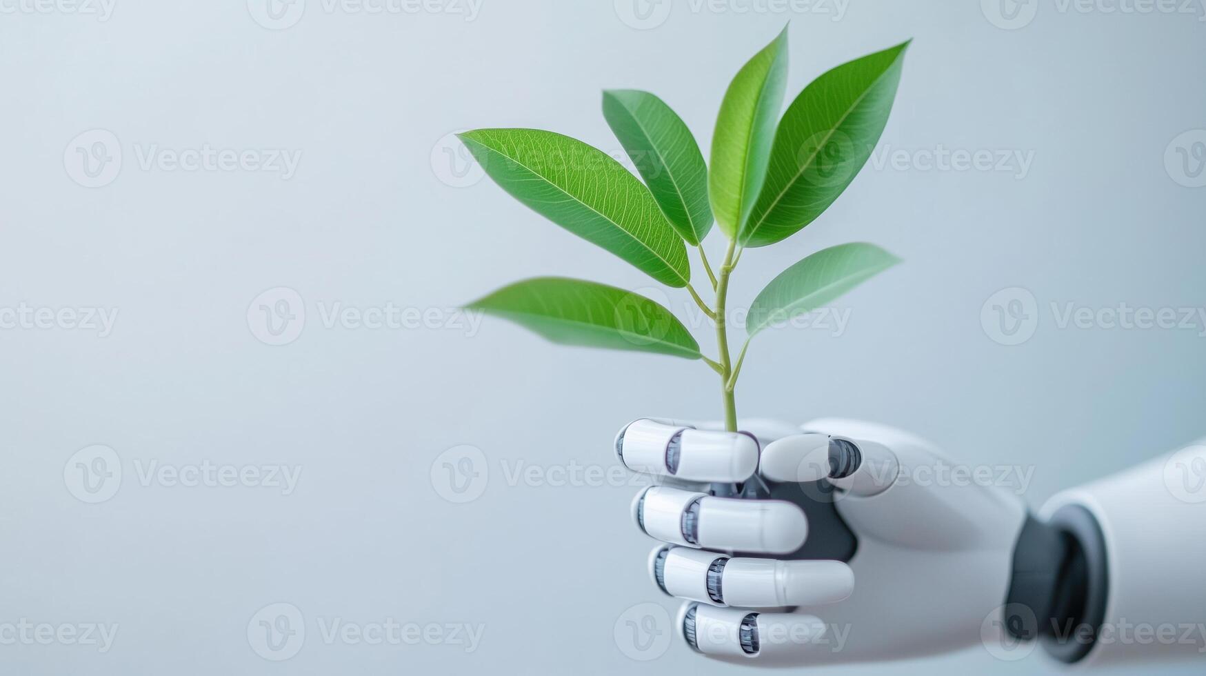 Robotic hand holding a green plant stem with leaves on a light background Futuristic concept of technology and sustainability Studio photography with copy space for design and print photo