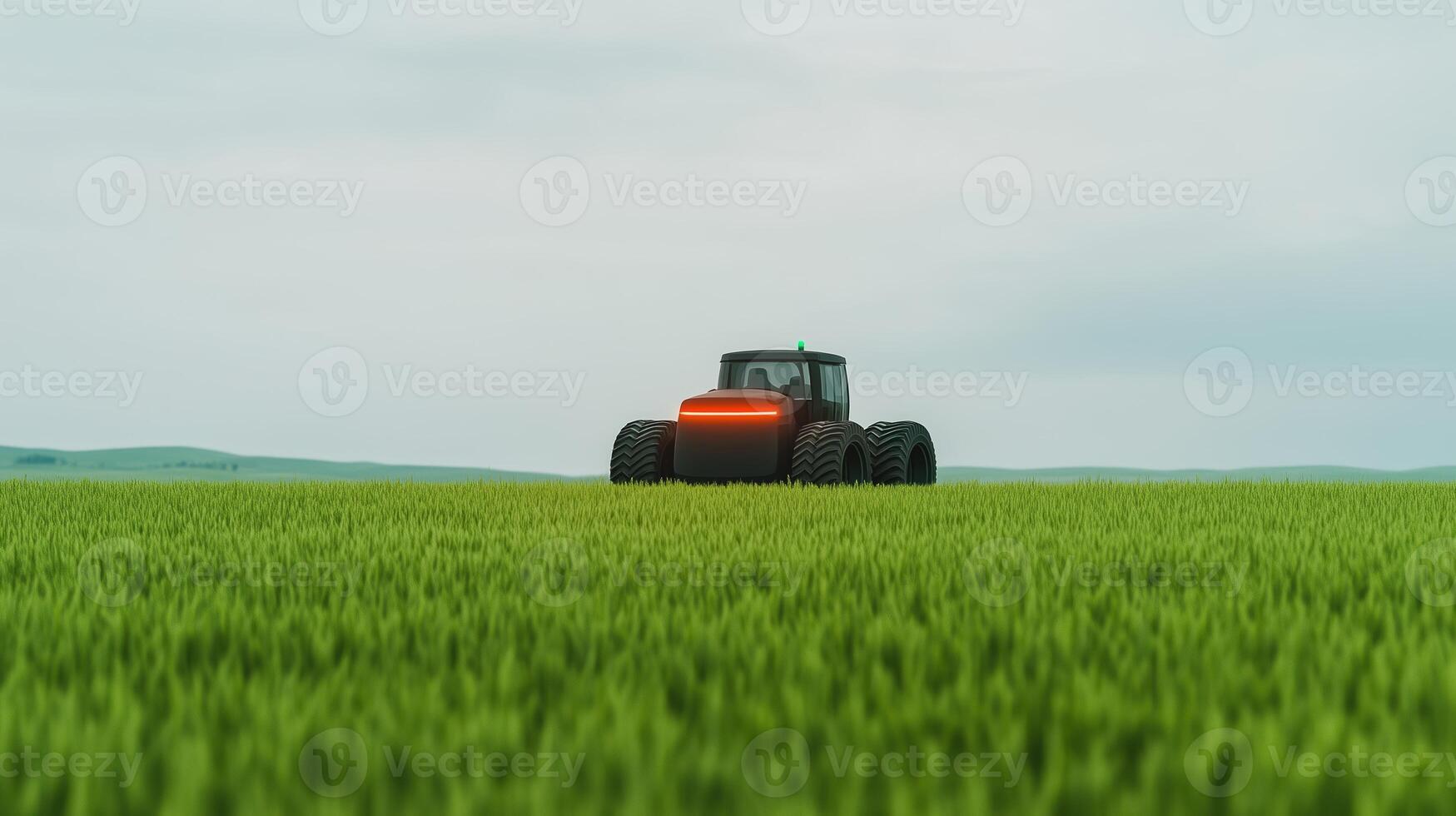Autonomous Tractor with Artificial Intelligence Navigating Vast Green Field Under Overcast Sky, Highlighting Innovative Agricultural Technology and Sustainability for Modern Farming Solutions photo