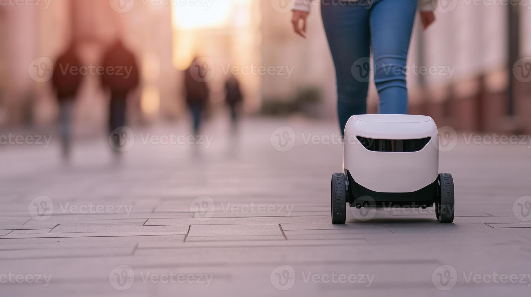 Autonomous Delivery Robot on City Sidewalk in Urban Setting with Pedestrians Blurred in Background During Daytime, Highlighting Future of Urban Logistics and Modern Technology Innovations photo