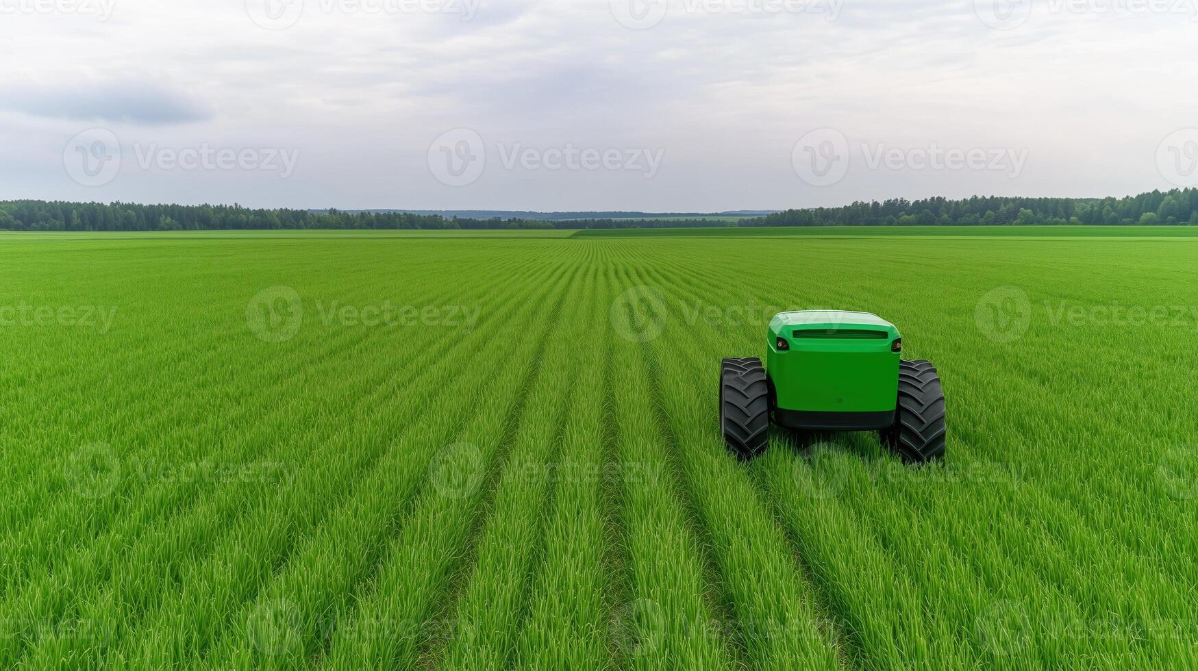 Autonomous Tractor with Artificial Intelligence in Green Field Under Cloudy Sky for Agricultural Innovation and Sustainable Farming Technology Concepts photo