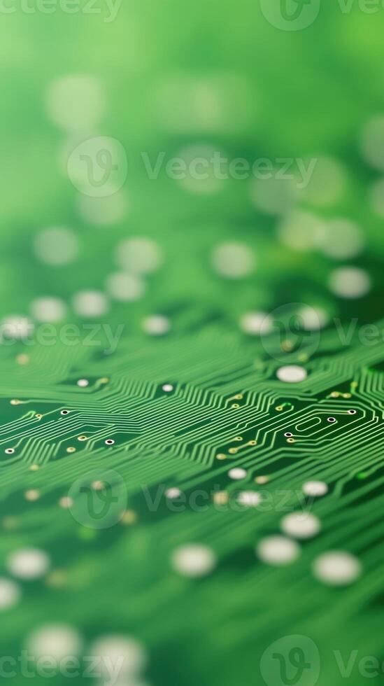 Extreme Close Up of Green Printed Circuit Board with Bokeh Effect Highlighting Technology Patterns and Electronic Components for Futuristic Tech Design Background photo