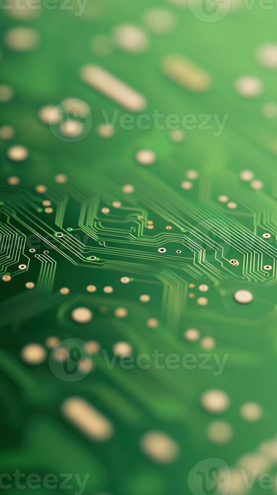 Extreme Close Up of Green Printed Circuit Board with Intricate Electronic Patterns and Components Highlighting Modern Technology and Innovation in Digital Electronics and Circuitry Design photo