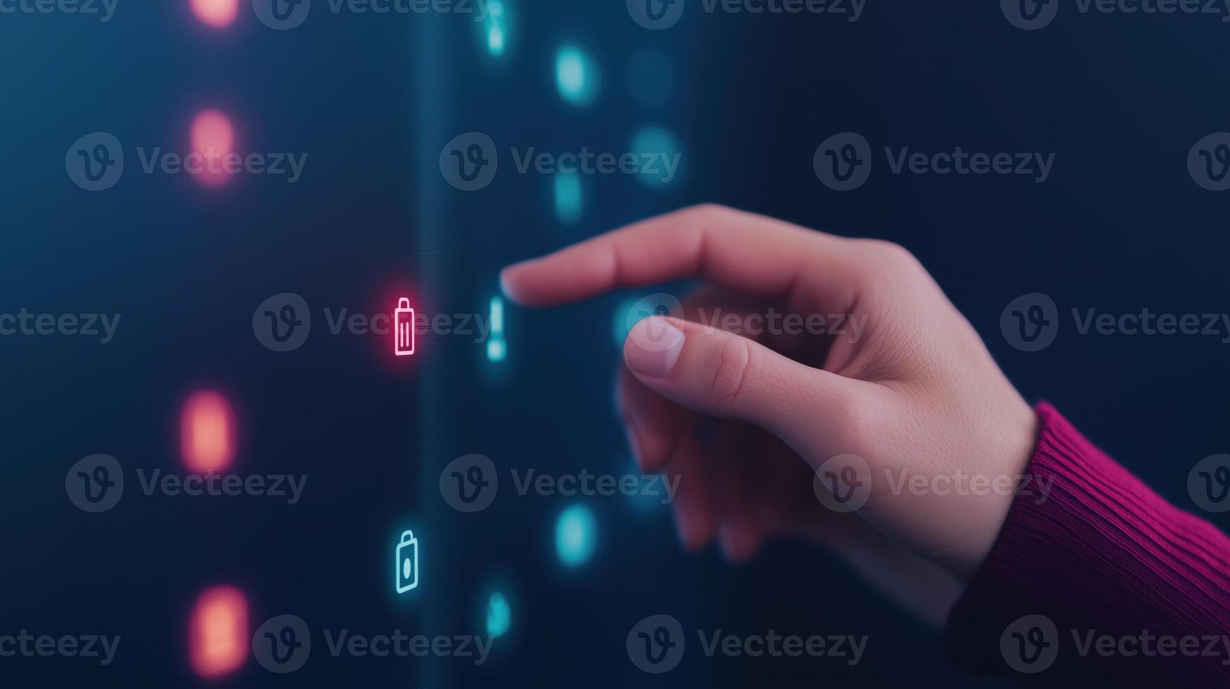 Hand Controlling Smart Home Device on Touchscreen with Futuristic Technology Interface in Dark Room photo