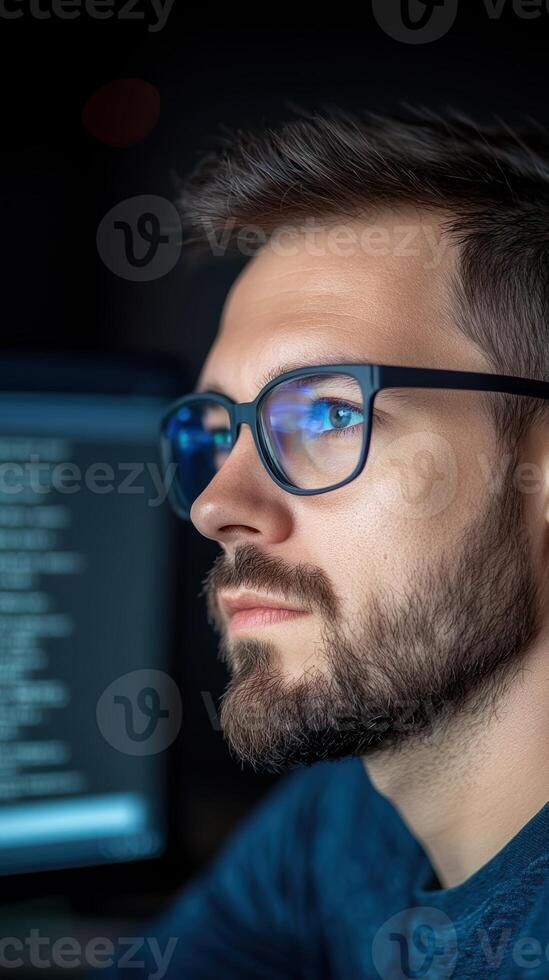 Focused IT Professional with Glasses Programming Scripts on Computer in Modern Office Setting with Low Light and Blue Glow photo