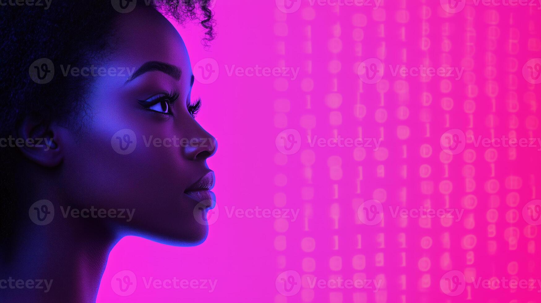 Futuristic Holographic Portrait of Woman with Vibrant Digital Matrix Background in Neon Colors for Tech and Design Concepts photo
