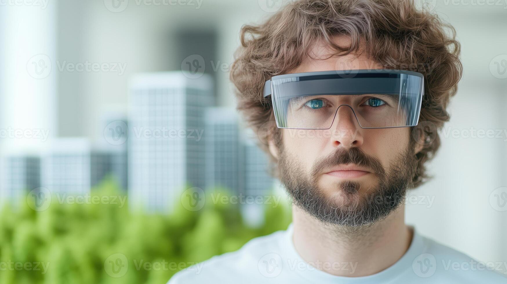 Investor Analyzing Futuristic City Model with Augmented Reality Glasses in Modern Setting with Focus on Smart Technology and Innovation photo