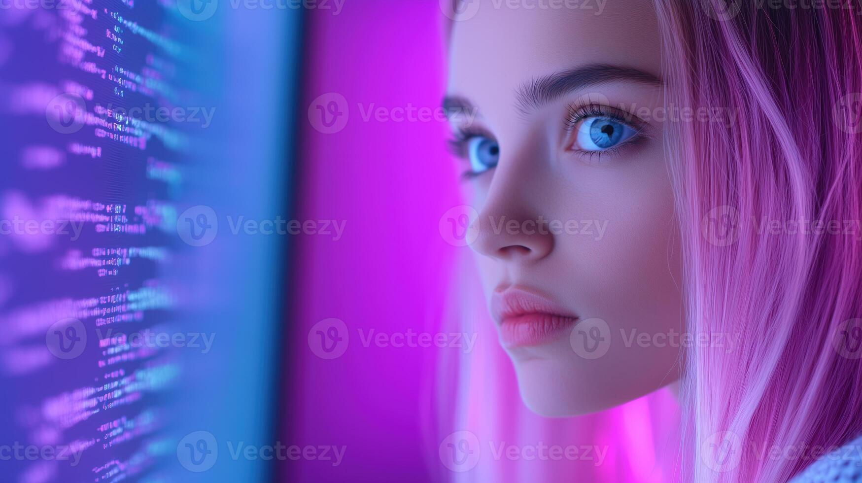 Young Woman Engaged with Futuristic Virtual Computer Display in Neon Lighting, Capturing the Essence of Modern Technology and Digital Interaction for Innovative Creative Projects photo