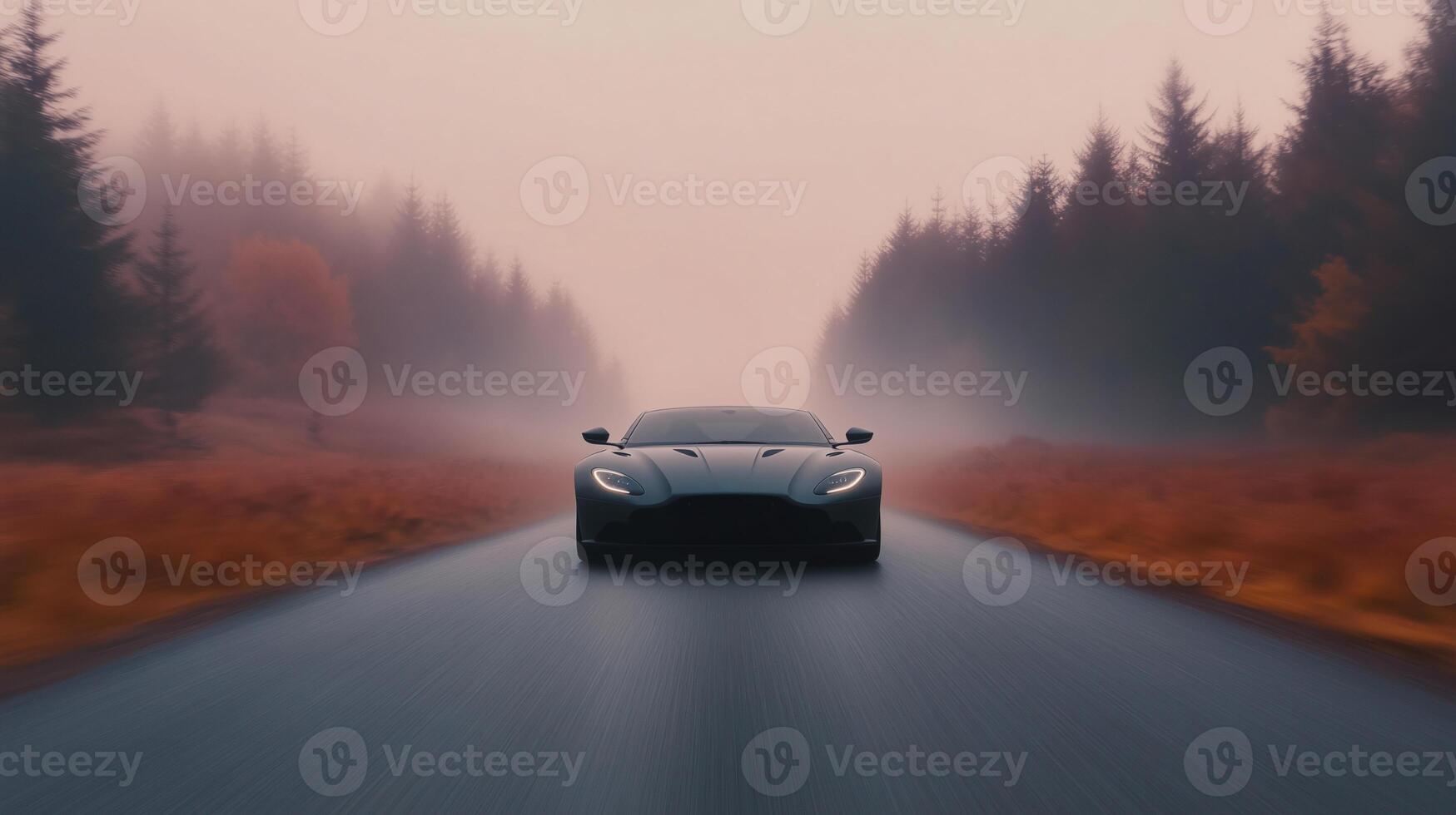 Speeding Sports Car on Scenic Autumn Road Amidst Dense Fog and Tall Pine Trees at Sunrise photo
