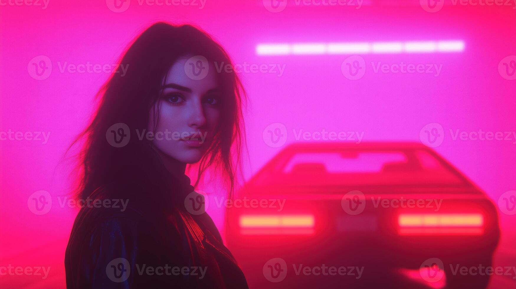 Young woman standing near a retro car in neon pink light Cyberpunk aesthetic with vibrant colors and moody atmosphere for design and print photo