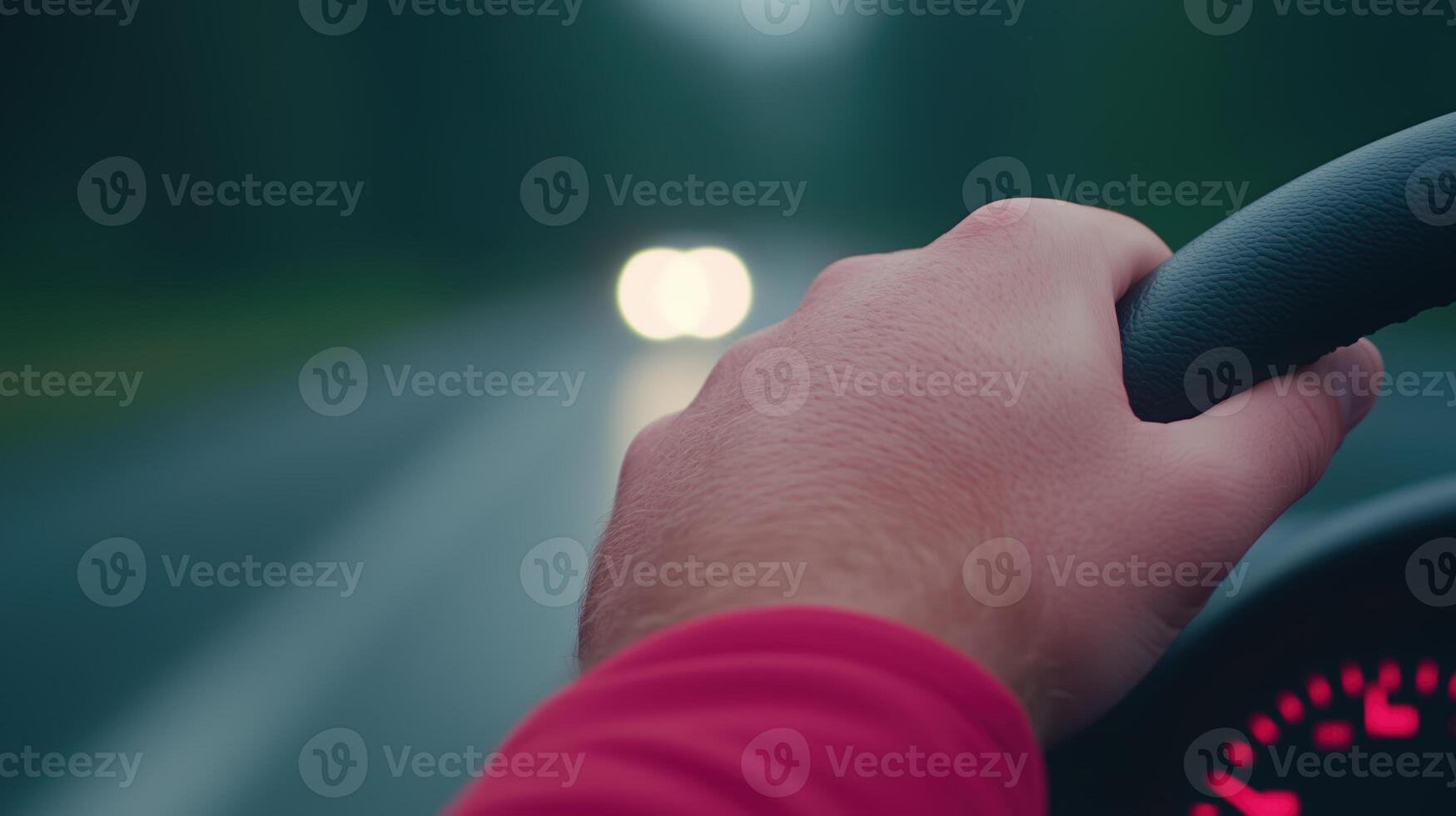 Close-Up View of a Hand Holding Steering Wheel While Driving Fast on a Road with Blurry Background and Bright Headlights in Focus photo