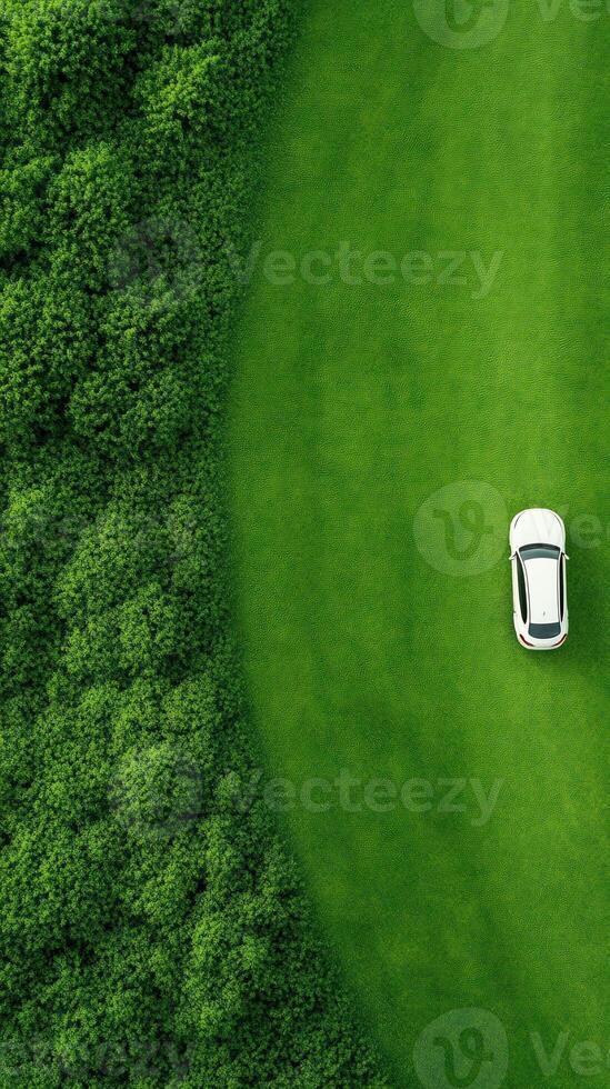 Aerial View of White Car on Lush Green Field Surrounded by Dense Forest, Minimalist Landscape Design for Travel and Nature Themes photo
