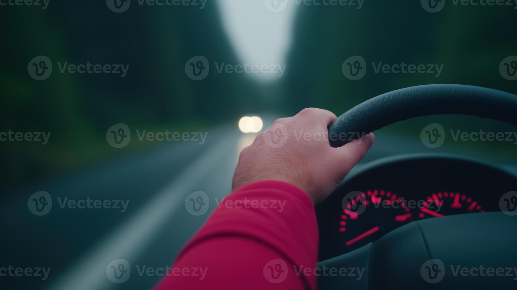 Driver's Hand on Steering Wheel with Car Gauges Illuminated on Blurred Road at Dusk, Capturing Motion and Speed for Dynamic Transportation and Travel Concepts in Stock Photography photo