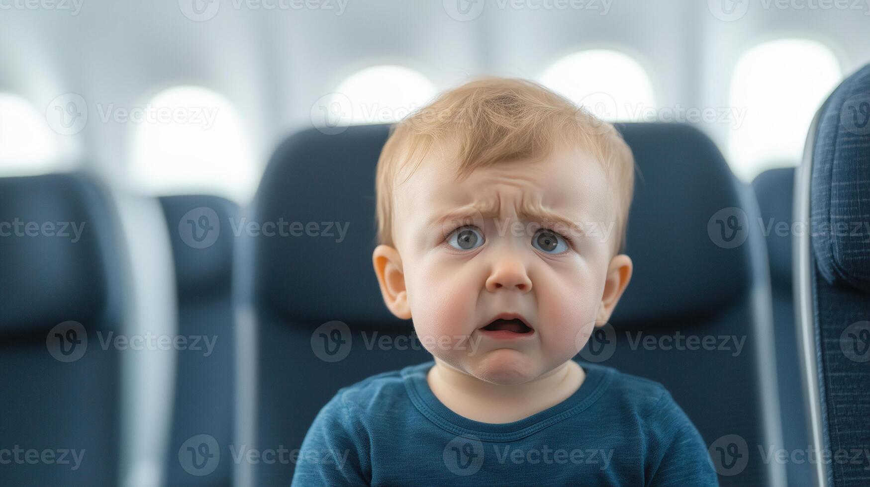 Upset Baby Crying on Airplane Seat Highlighting Air Travel Challenges and Passenger Discomfort with Emphasis on Child's Distress and Noise in Flight Cabin amidst Modern Family Travel Issues photo