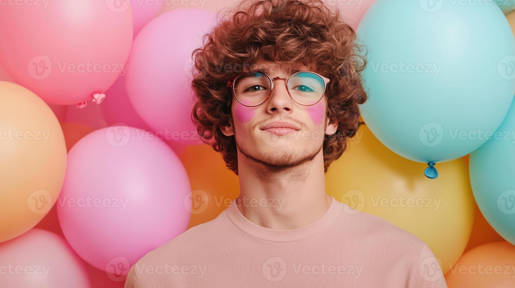 Portrait of Young Man with Curly Hair and Face Paint in Vibrant Festival Setting with Colorful Balloons photo