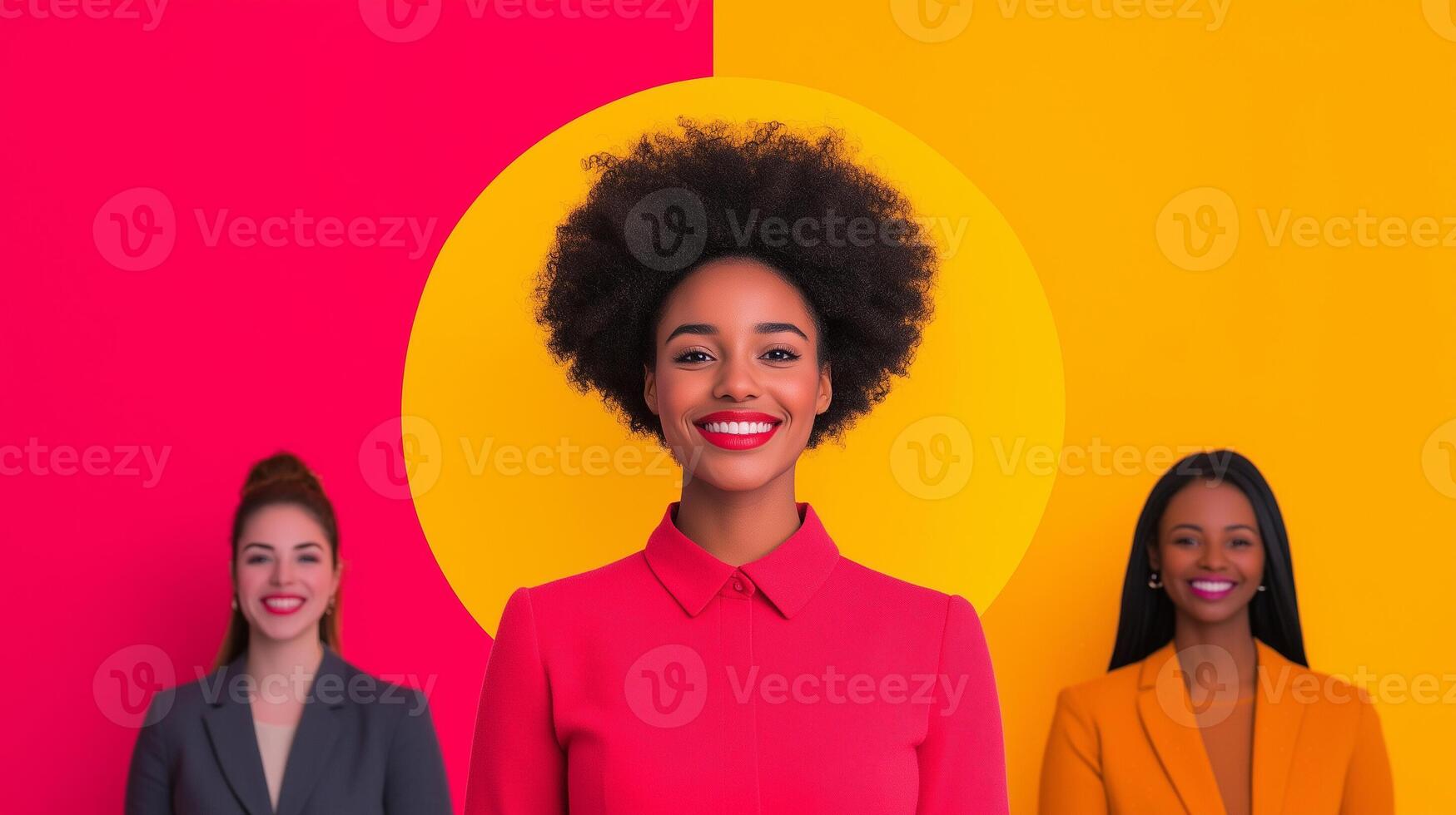 Diverse Group of Professional Businesspeople Smiling in Colorful Background for Corporate Identity, Diversity, Team Collaboration, and Vibrant Modern Office Appeal, Highlighting Unity and Success photo