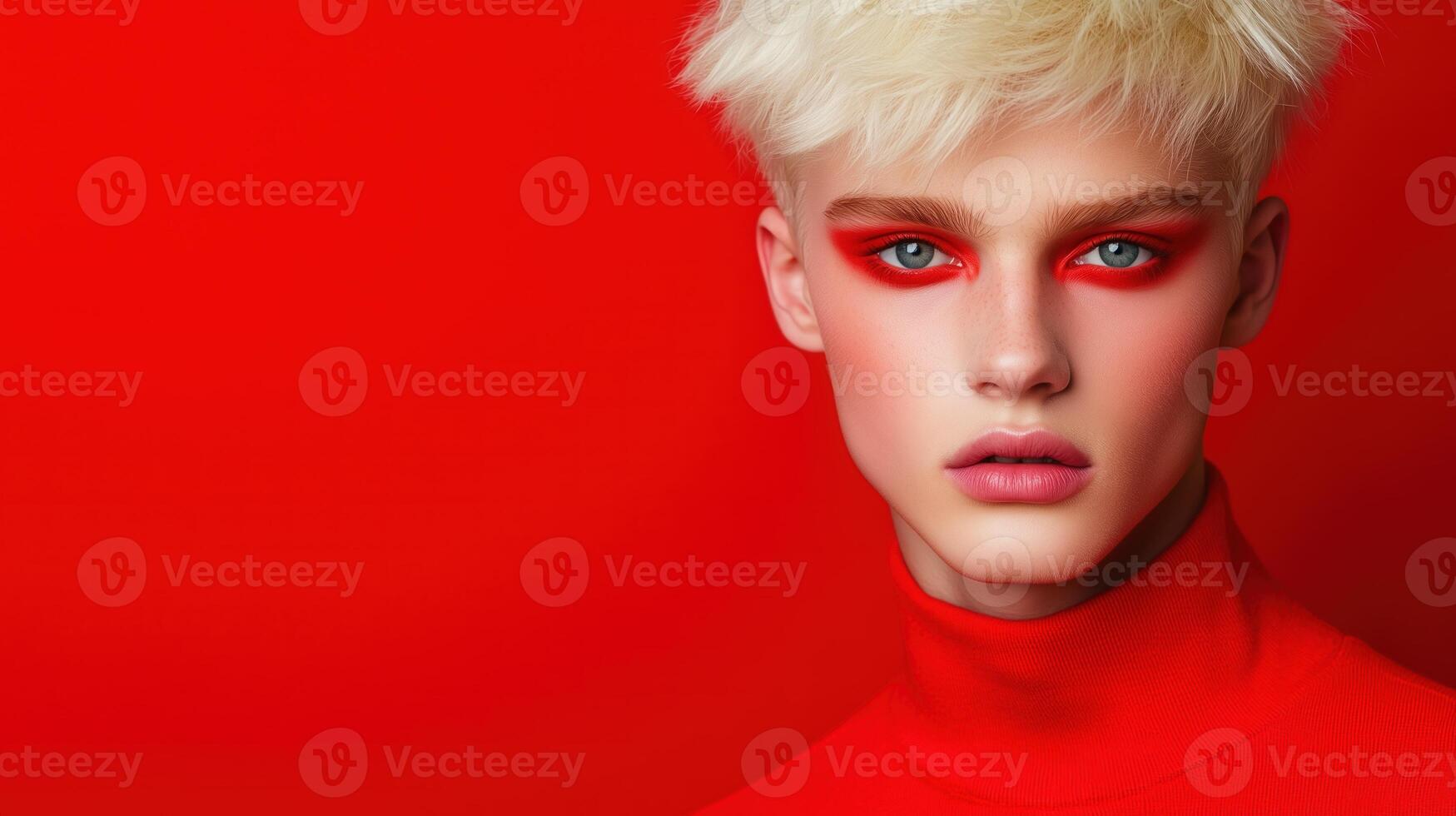 Modern Men's Fashion Editorial with Bold Red Makeup and Blonde Hair on Solid Red Background Highlighting Contemporary Style and Aesthetic Trends photo