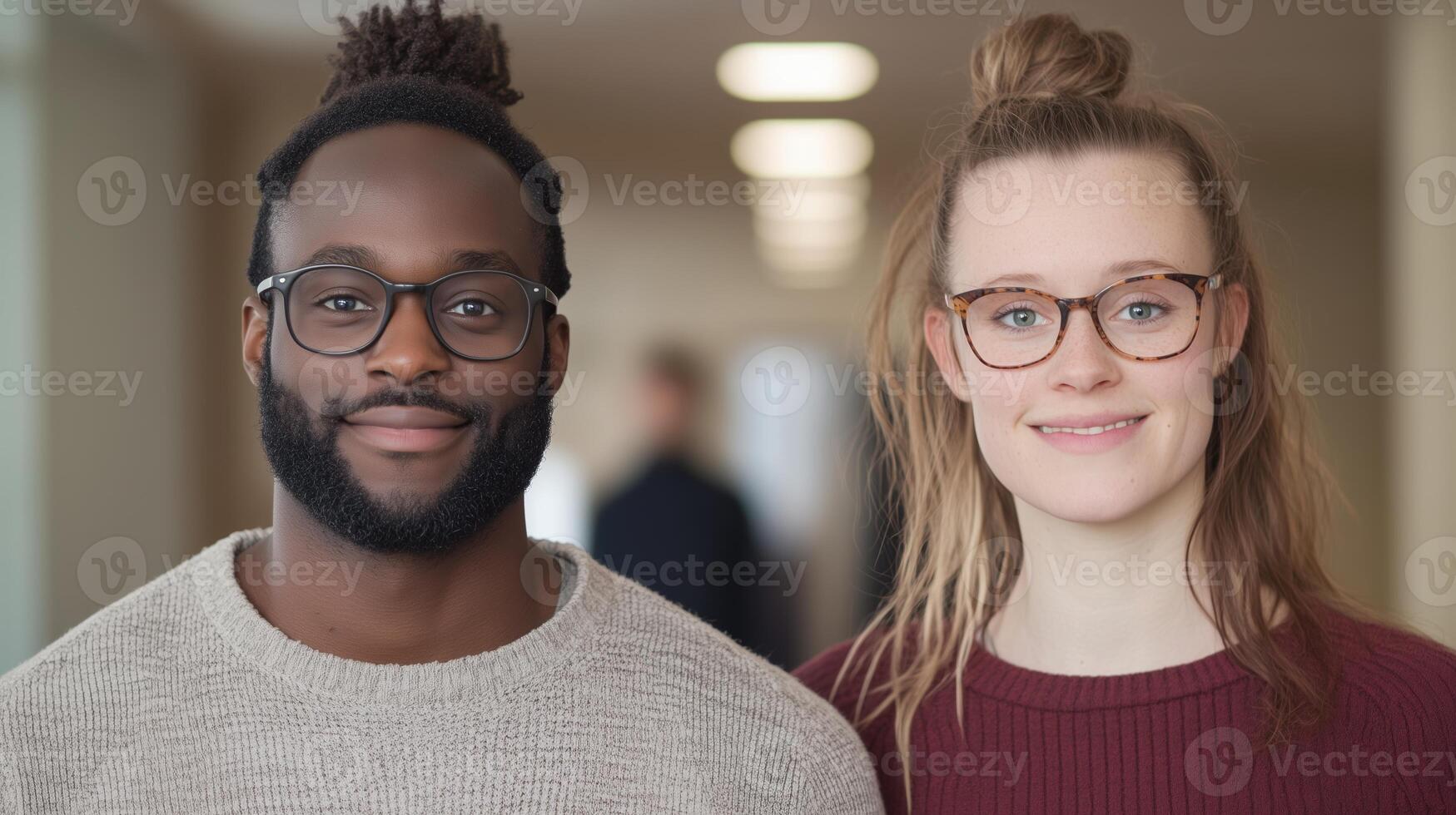 Smiling Partners of Diverse Backgrounds in Casual Attire with Glasses Indoors Highlighting Unity and Inclusion in a Contemporary Office Setting photo