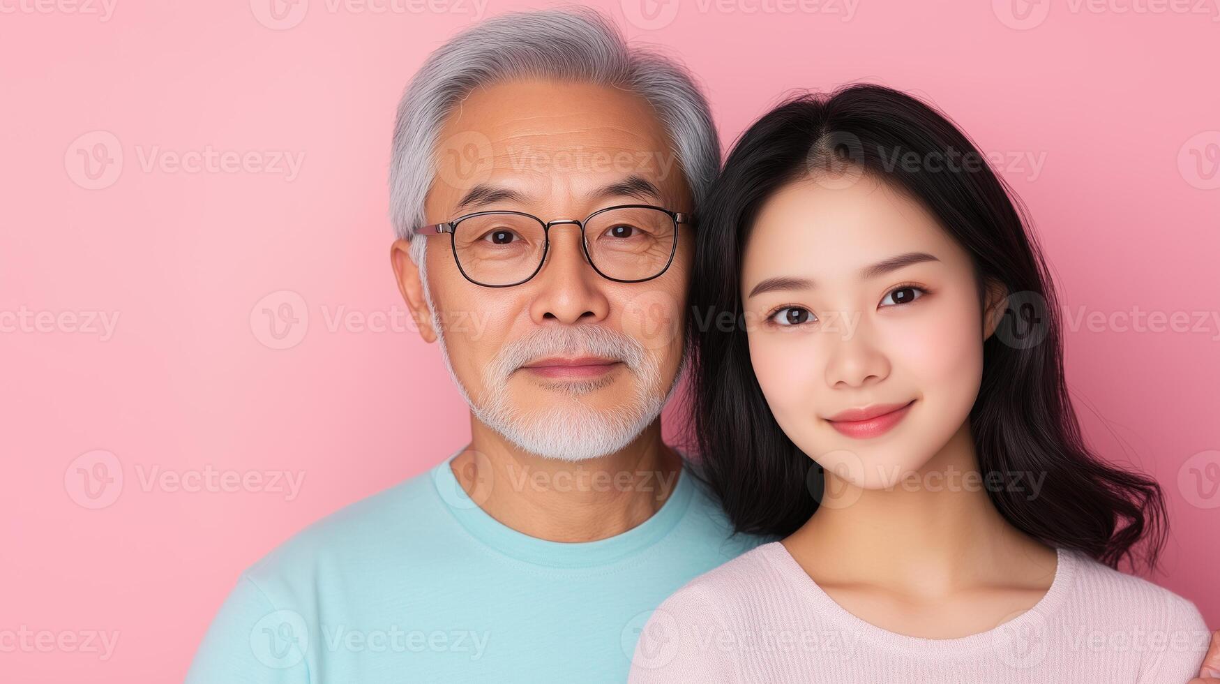 Pensive Senior Man Embracing Daughter on Pink Background Celebrating Family Bonding and Generational Unity with Warm Smiles and Affectionate Pose in Close-Up Portrait photo