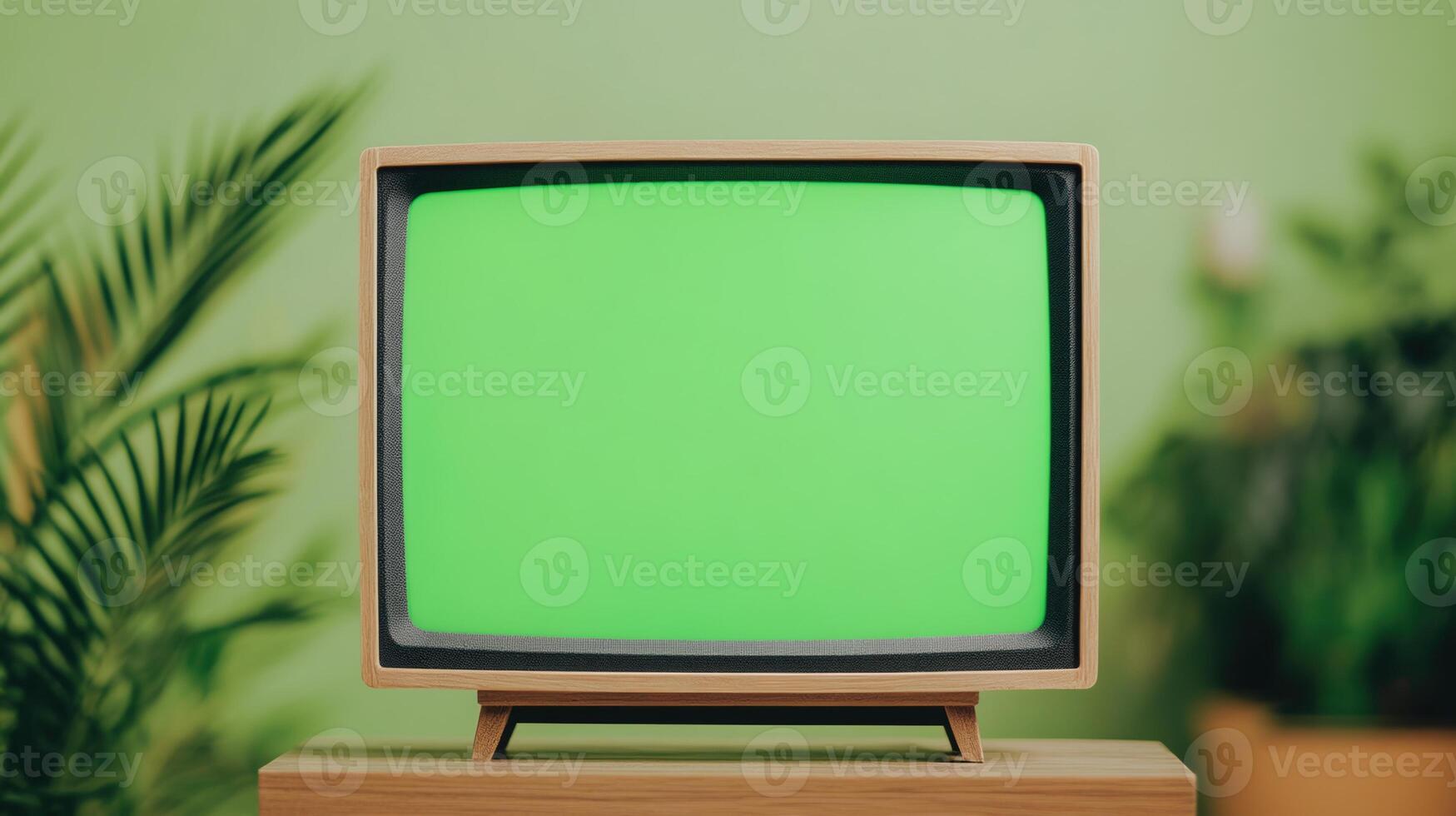 Vintage TV With Green Screen for Versatile Display Mockup in Retro Setting With Plants, Perfect for Technology, Design Projects, or Advertising, Highlighting Nostalgic and Innovative Themes photo