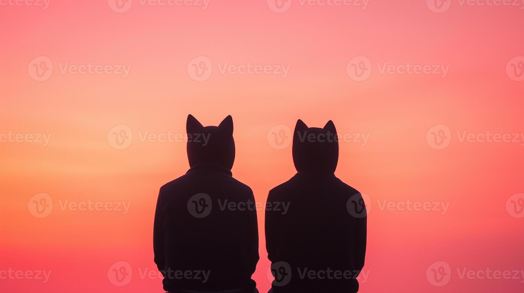 Two People in Fox Masks Facing Each Other During Vibrant Sunset with Pink and Orange Sky Silhouette Conceptual Art photo