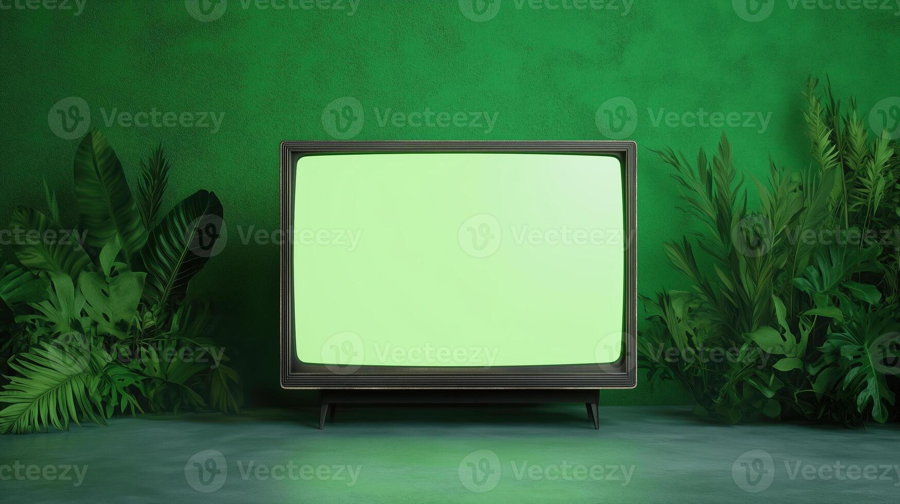 Vintage TV with Green Screen in Jungle Environment for Mockup or Design Concepts with 4K Screen for Modern Retro Themes and Lush Greenery Visuals in a Studio Setting photo