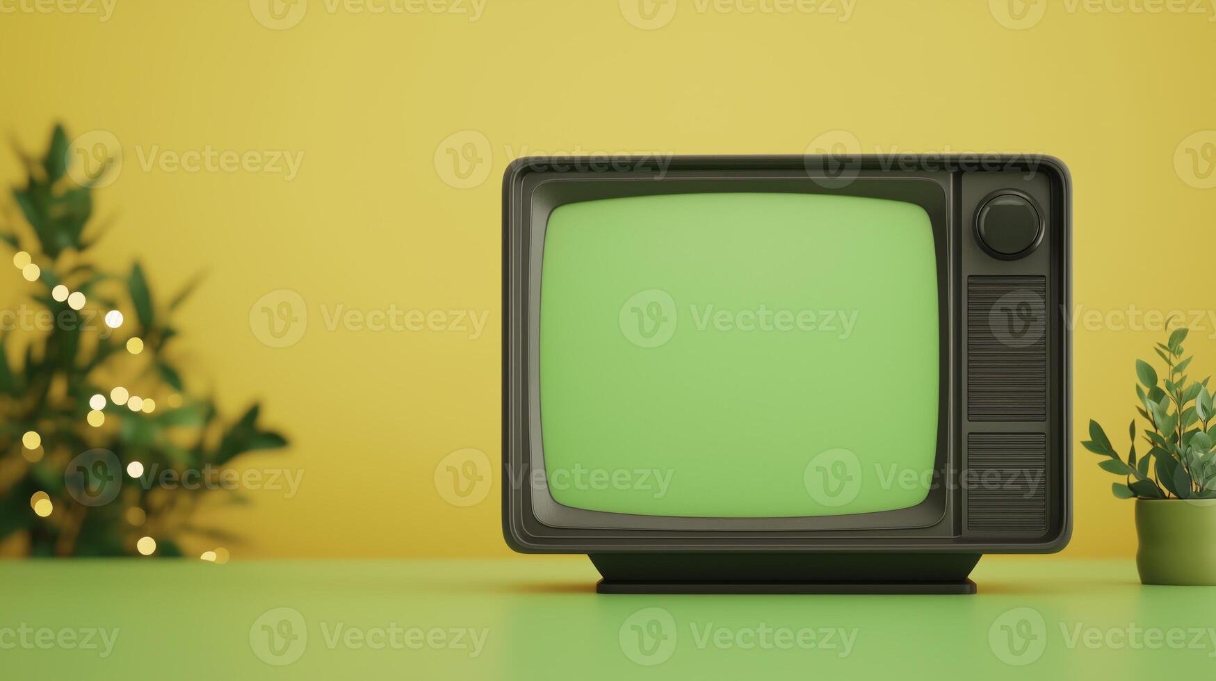Retro Vintage TV with Green Screen on Yellow Background Featuring Potted Plants and Festive Lights, Perfect for Mockup and Design Templates in Nostalgic and Holiday Themes photo