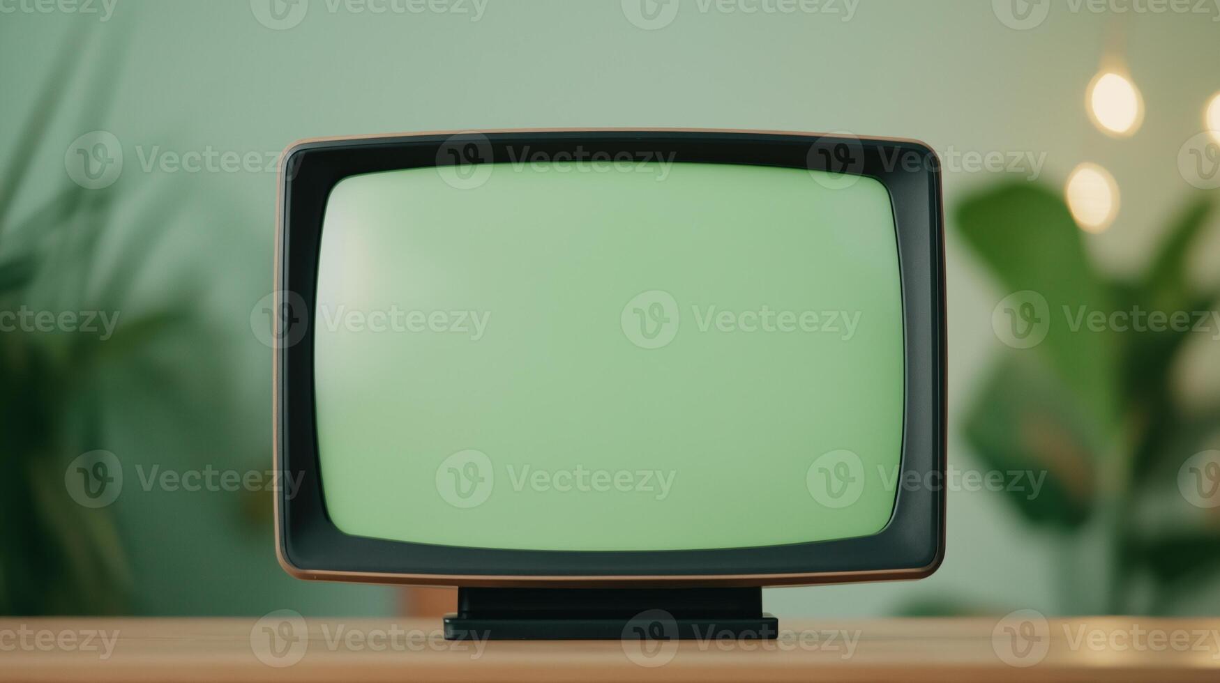Retro TV Mockup With Green Screen on Wooden Shelf in Modern Living Room Setting With Soft Lighting and Tropical Plants photo