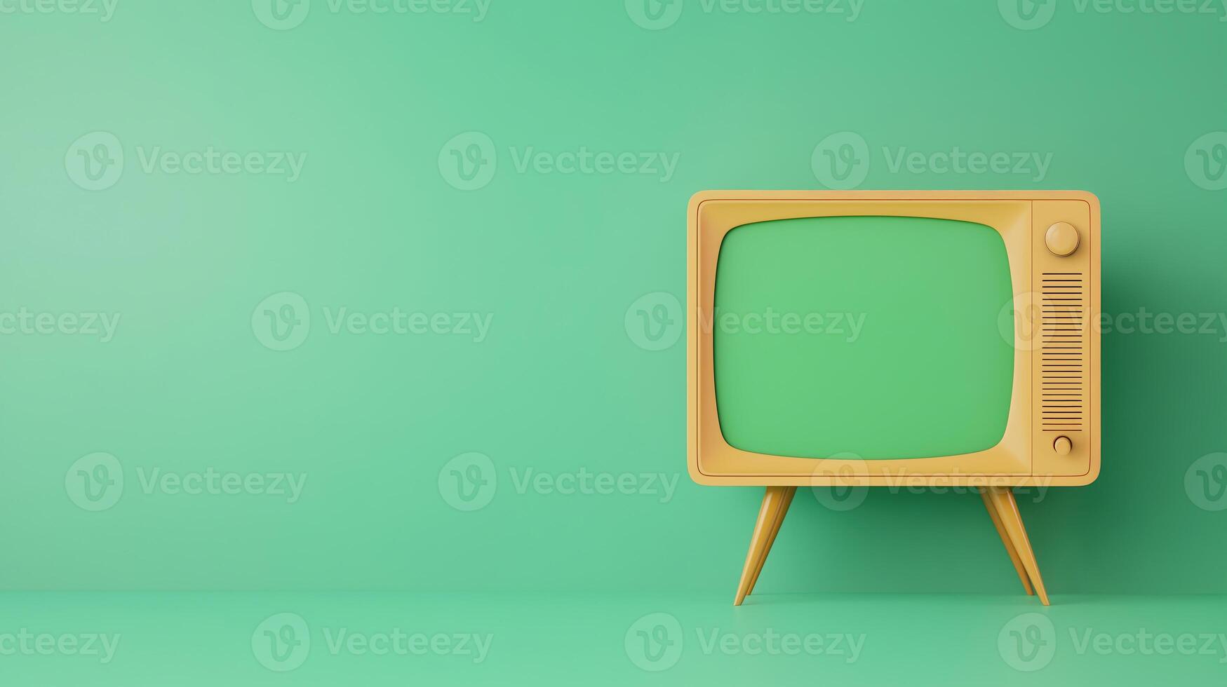 Vintage Television Green Screen Mockup in 4K Resolution with Retro Yellow TV on Minimalist Studio Background Displaying Nostalgic Design for Creative Projects and Media Presentations photo