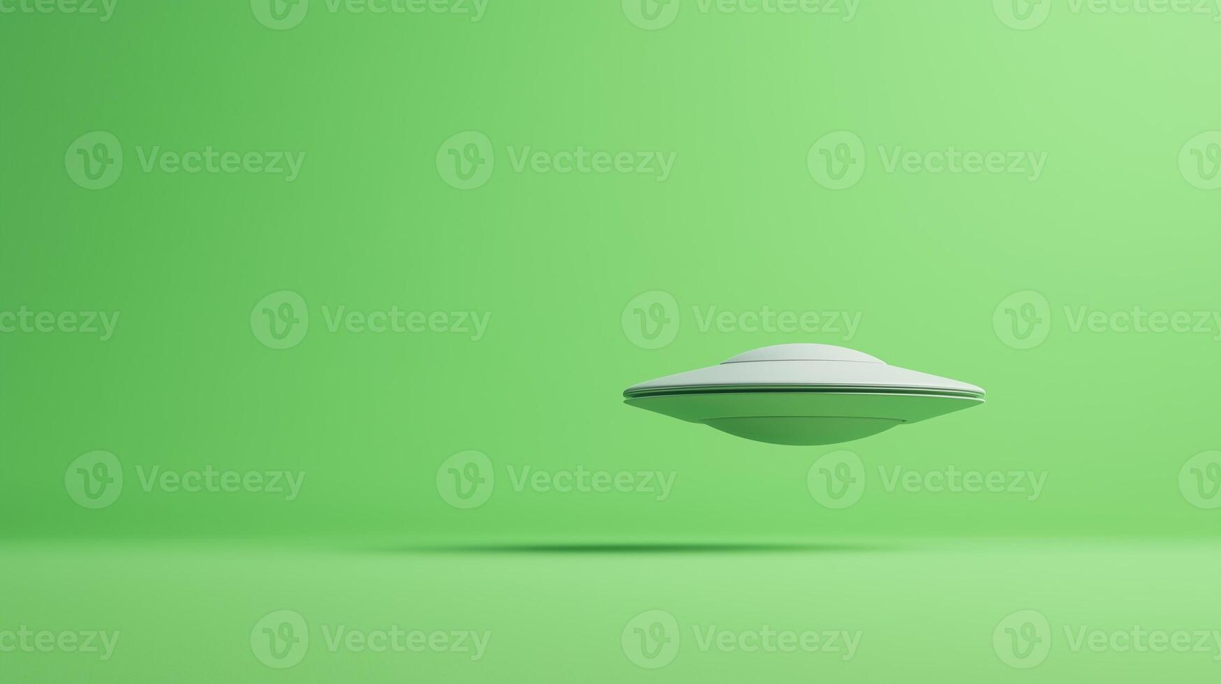Metallic UFO Spaceship on Vibrant Green Background for Futuristic and Extraterrestrial Themes in Contemporary 3D Design, Ideal for Sci-Fi Concepts and Alien-Inspired Visualizations photo