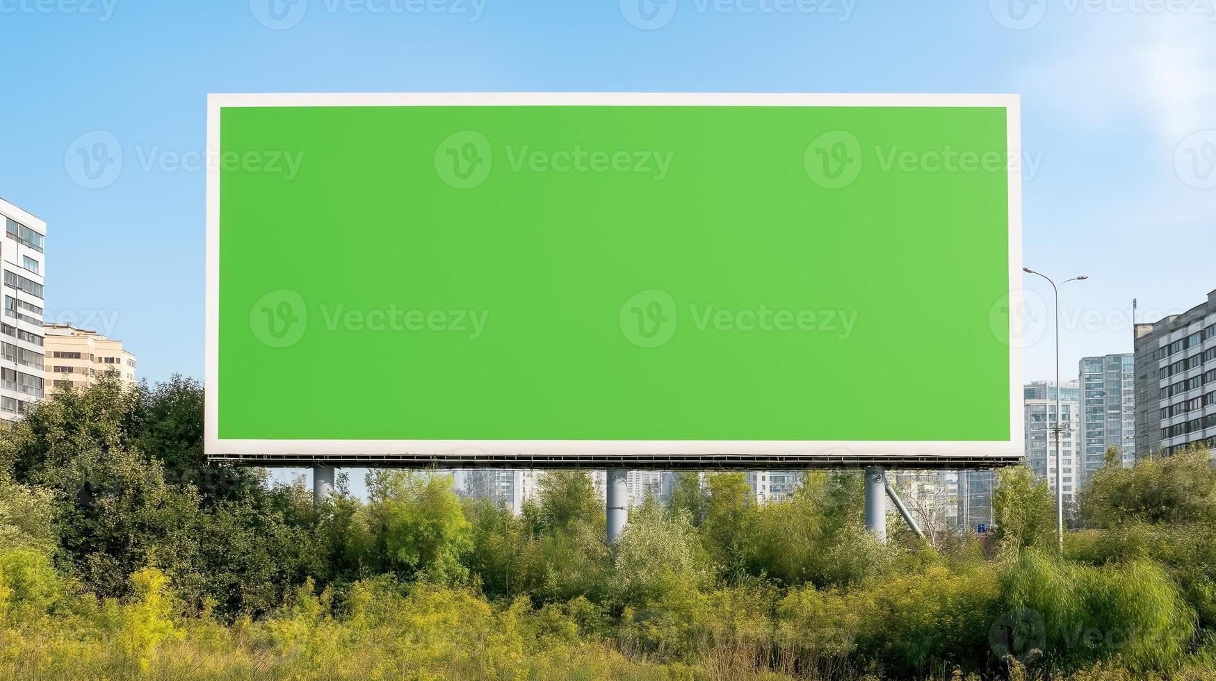 Giant Green Billboard Chroma Key Screen in Urban Setting for Advertising and Digital Design Concepts with Skyline and Nature photo