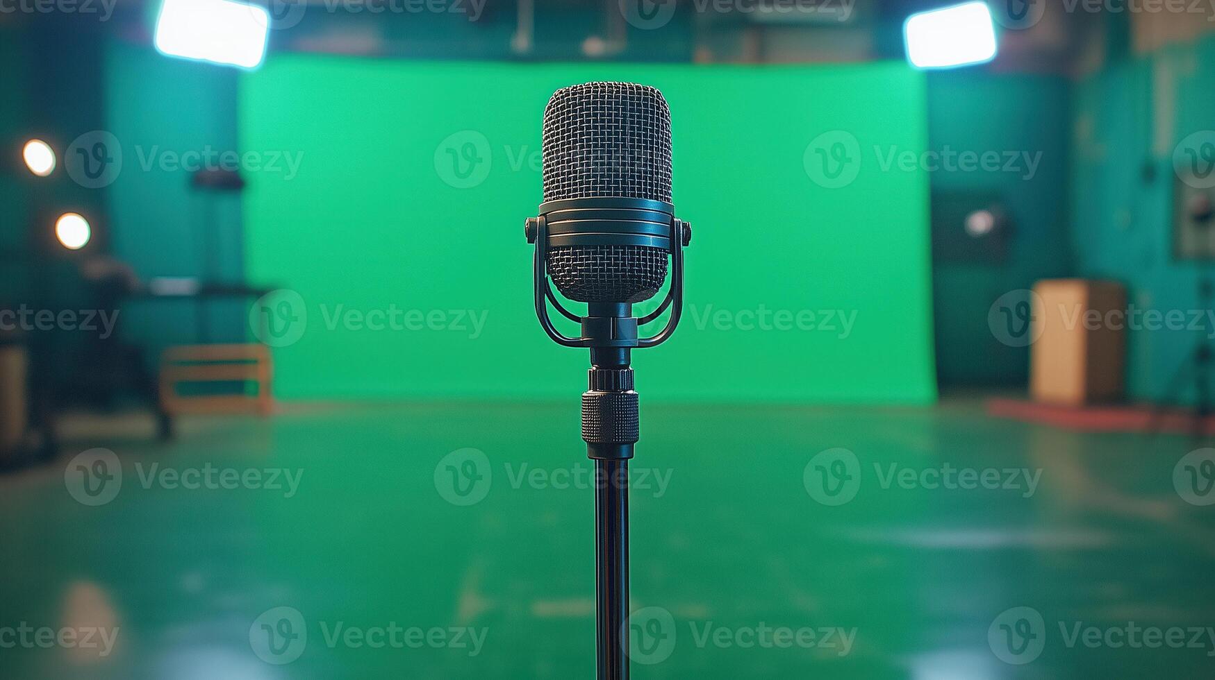 Microphone Stand In Empty Studio With Green Screen Background For Audio Recording And Broadcasting Setup photo