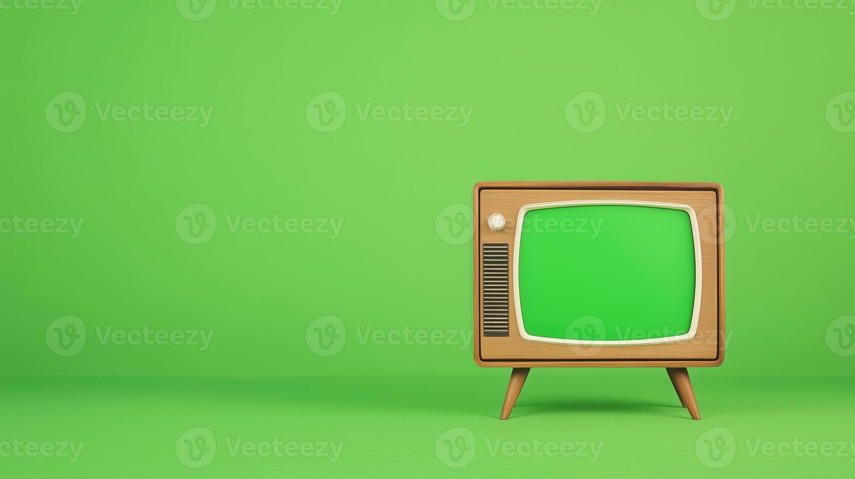 Vintage TV on Wooden Stand Against Green Background with Minimalist Style for Retro Home Decor and Nostalgic Media Themes photo