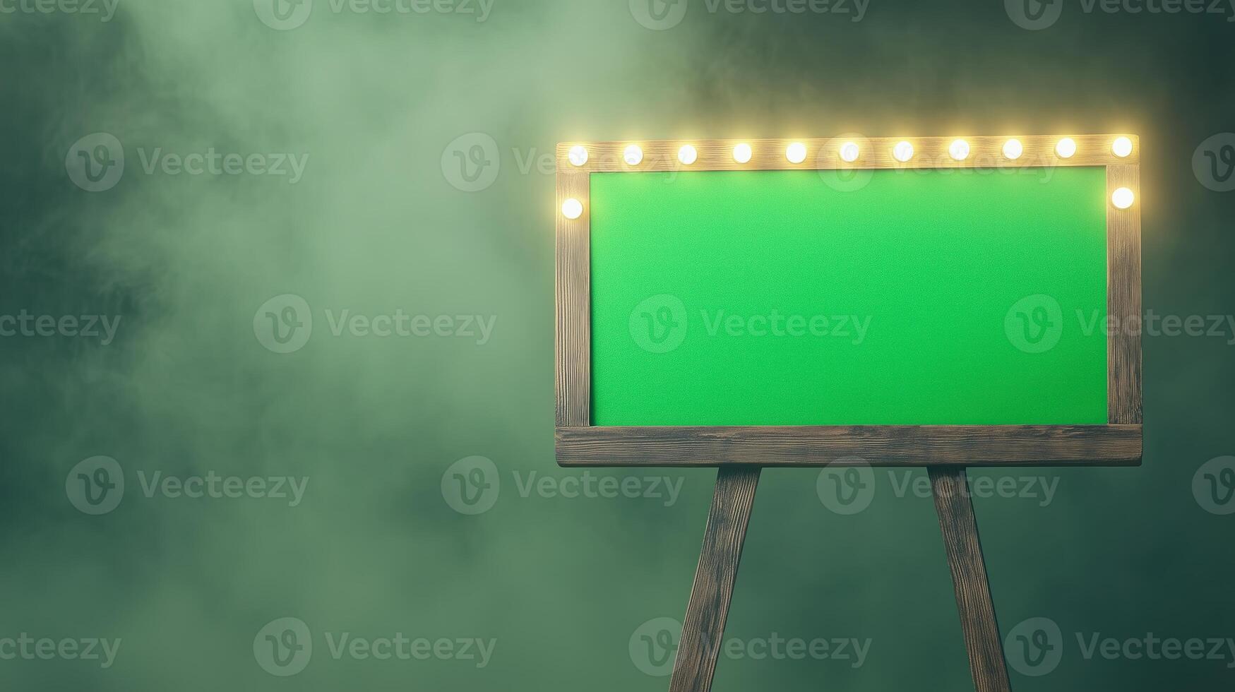 Vintage Cinema Marquee Signboard with Green Screen and Lightbulbs on Wooden Easel in Smoky Atmosphere for Retro Design Concepts photo
