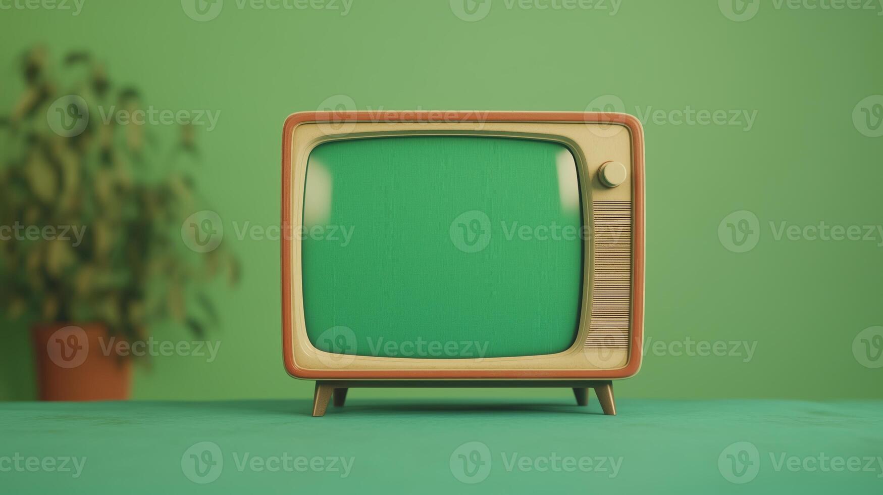 Retro Vintage Portable Television with Green Screen Display in Nostalgic Style for Media and Design Concepts Embracing Classic Entertainment and Technology with Artistic Flair photo