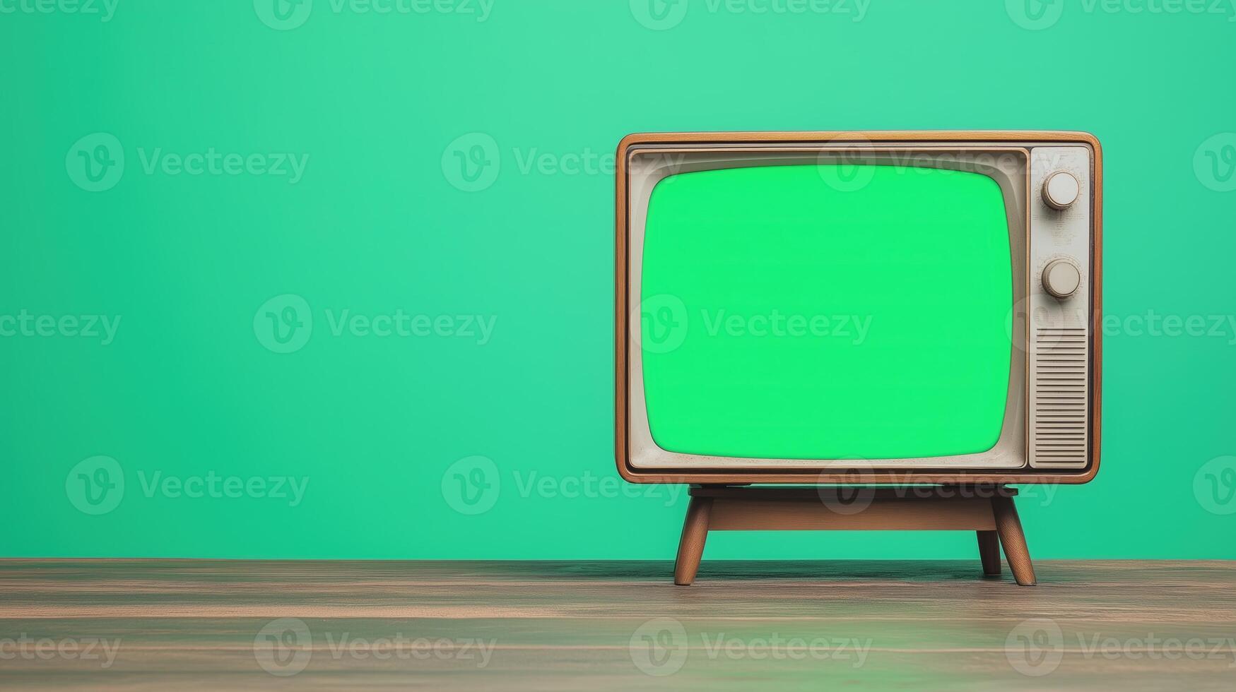 Vintage Television on Wooden Table with Green Screen Display for Retro Concepts and Interior Design Themes photo