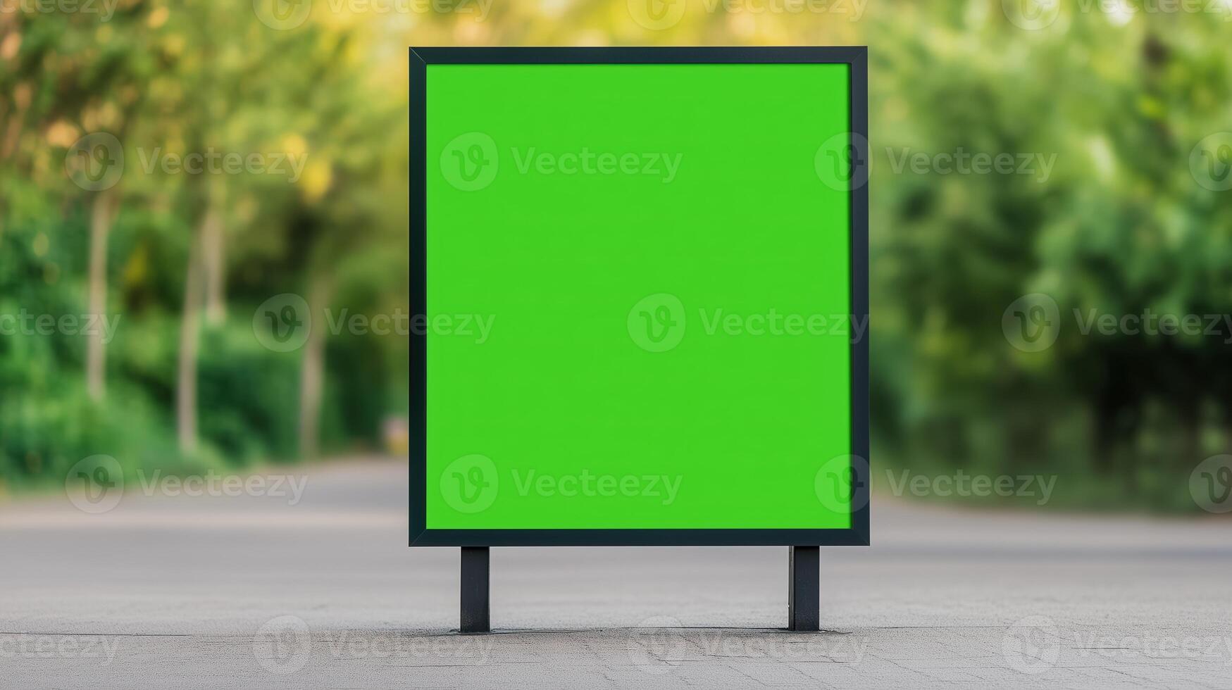 Bus Stop Advertising Billboard With Green Screen at Night in Urban Setting photo