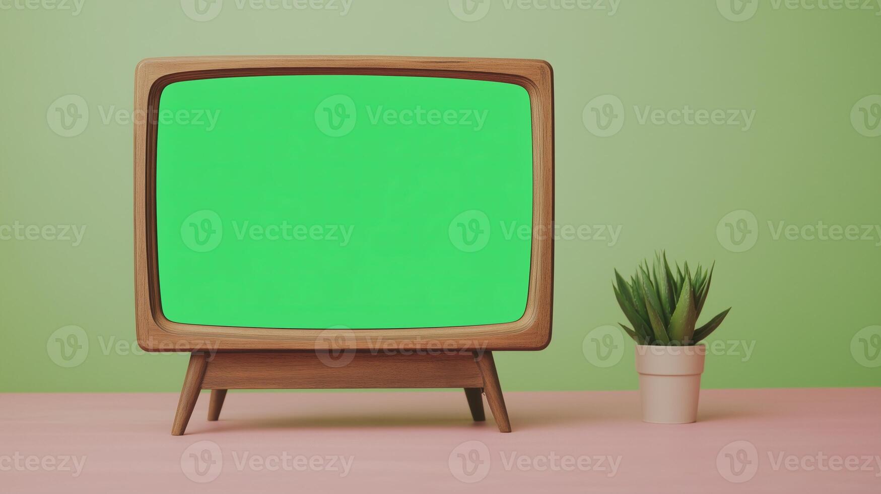 Retro Television Set with Green Screen Display Next to Small Potted Plant on Pink Table Against Light Green Background for Vintage Decor and Media Concepts photo