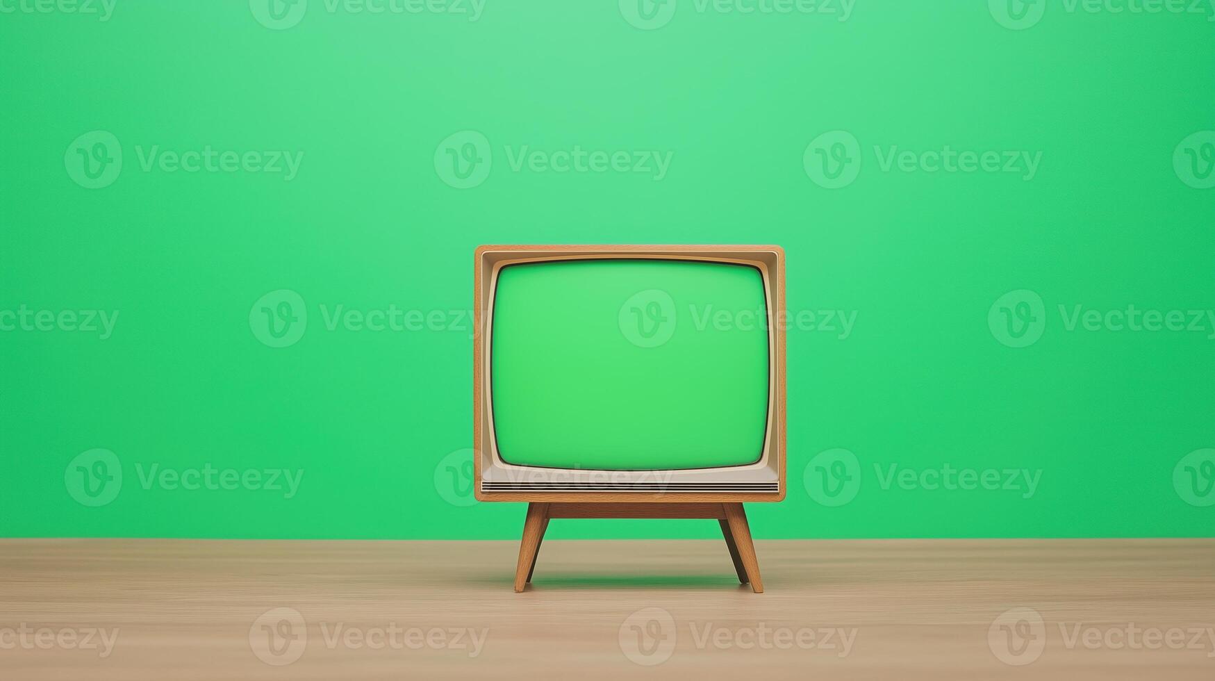 Retro TV Set with Green Screen on Wooden Table Against Bright Green Background for Vintage Media Design Concepts photo